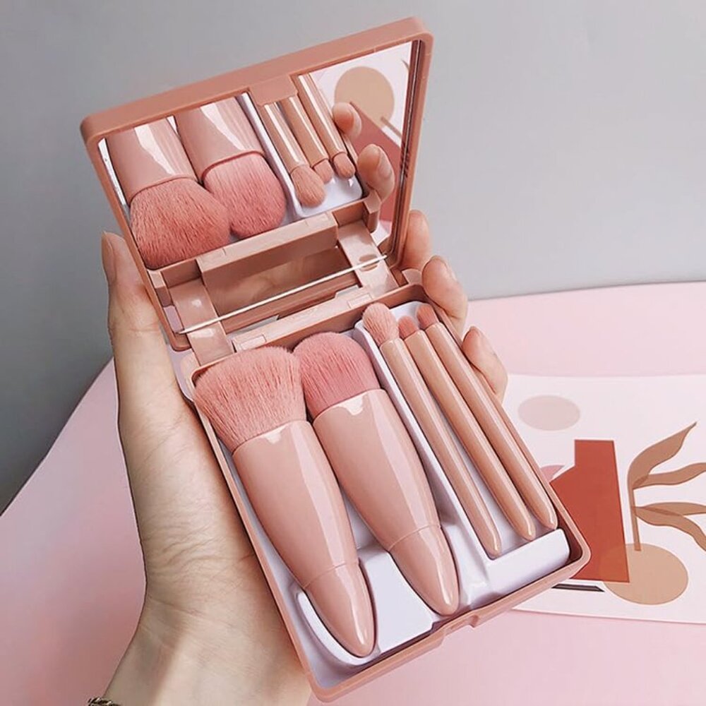 NEW -  5pcs Portable Makeup Brush Set With Mirror Hypoallergenic Pink Brushes